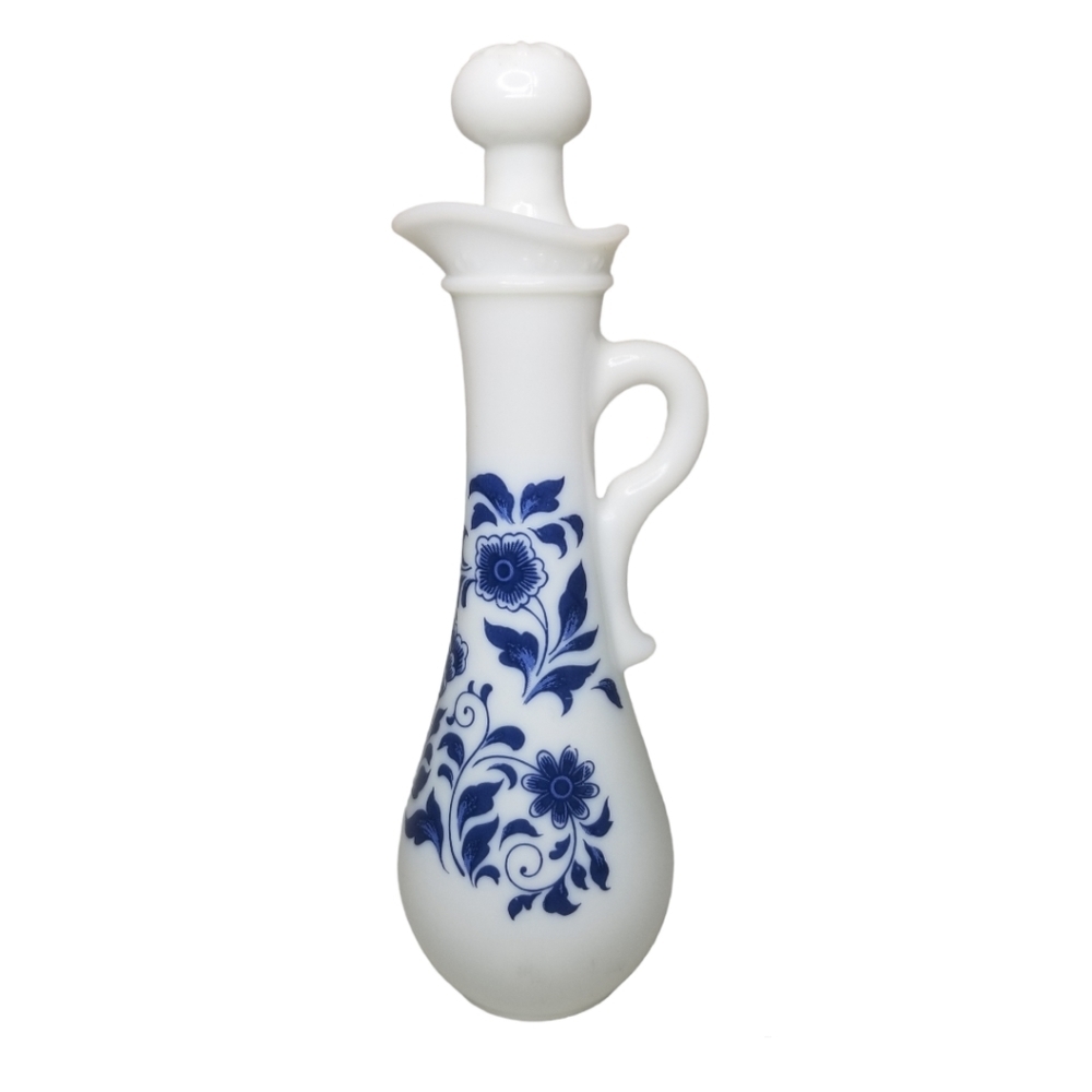 Vintage Avon Moodwind Foaming Bath Oil Milk Glass Decanter Blue‎ Flowers [Empty]